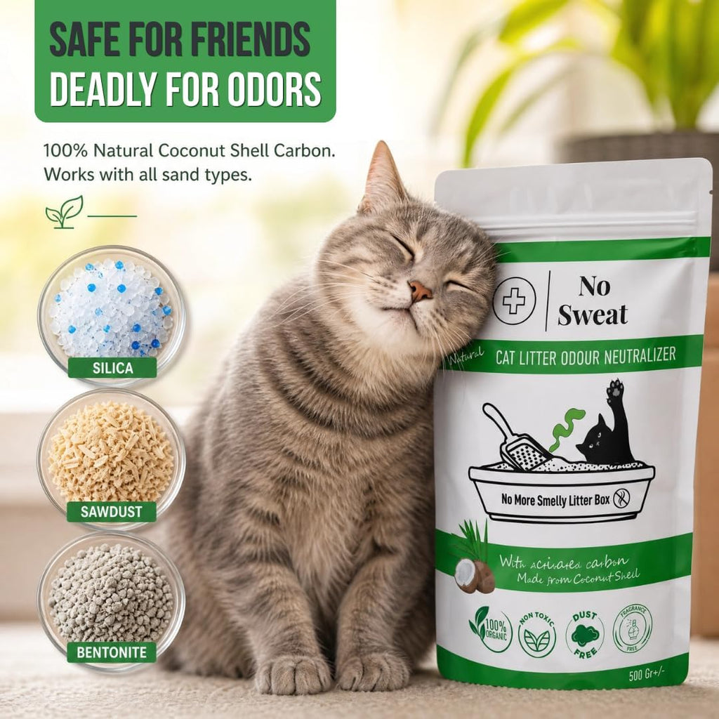 No Sweat Activated Carbon Cat Litter Odour Neutralizer-Made Of Coconut Shell-All Natural-No Chemical,Toxic Ingredients-Unscented-Planet Friendly-Economy Pack-500 GR- Packing May Vary