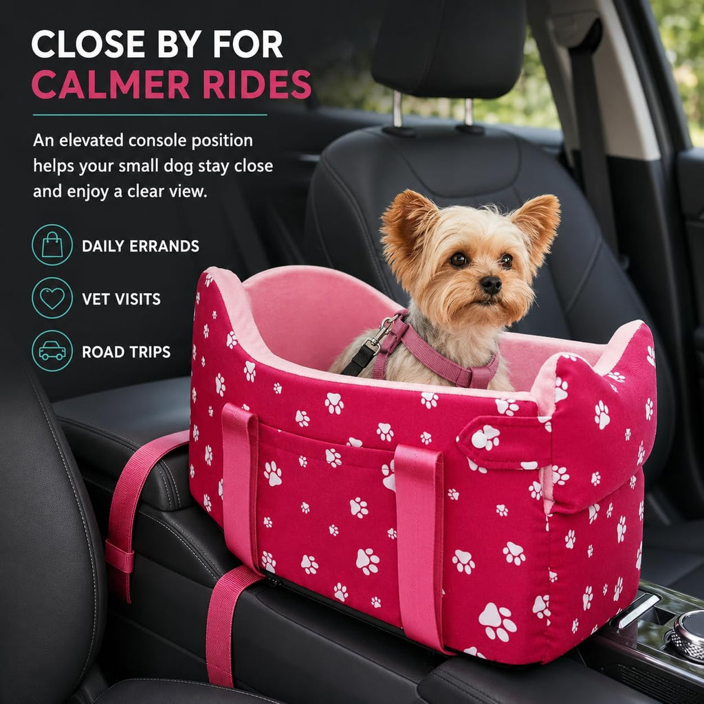 Center Console Dog Car Seat for Small Dogs Under 15 lbs - Detachable Washable Carrier with Safety Belt & Storage Pockets, Pink