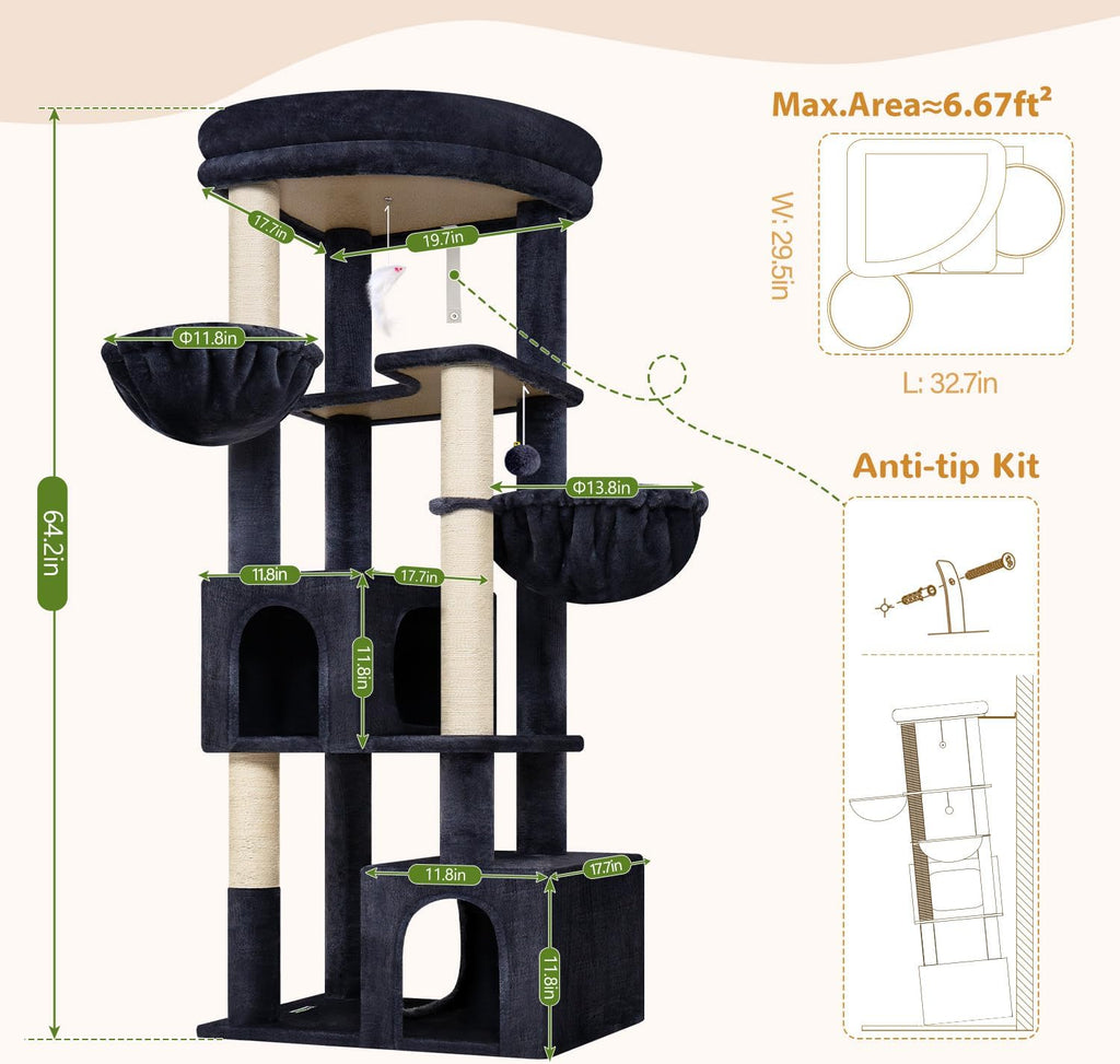 Globlazer C64 Heavy Duty Corner Cat Tree, 64in Large Cat Tower, Dark Grey