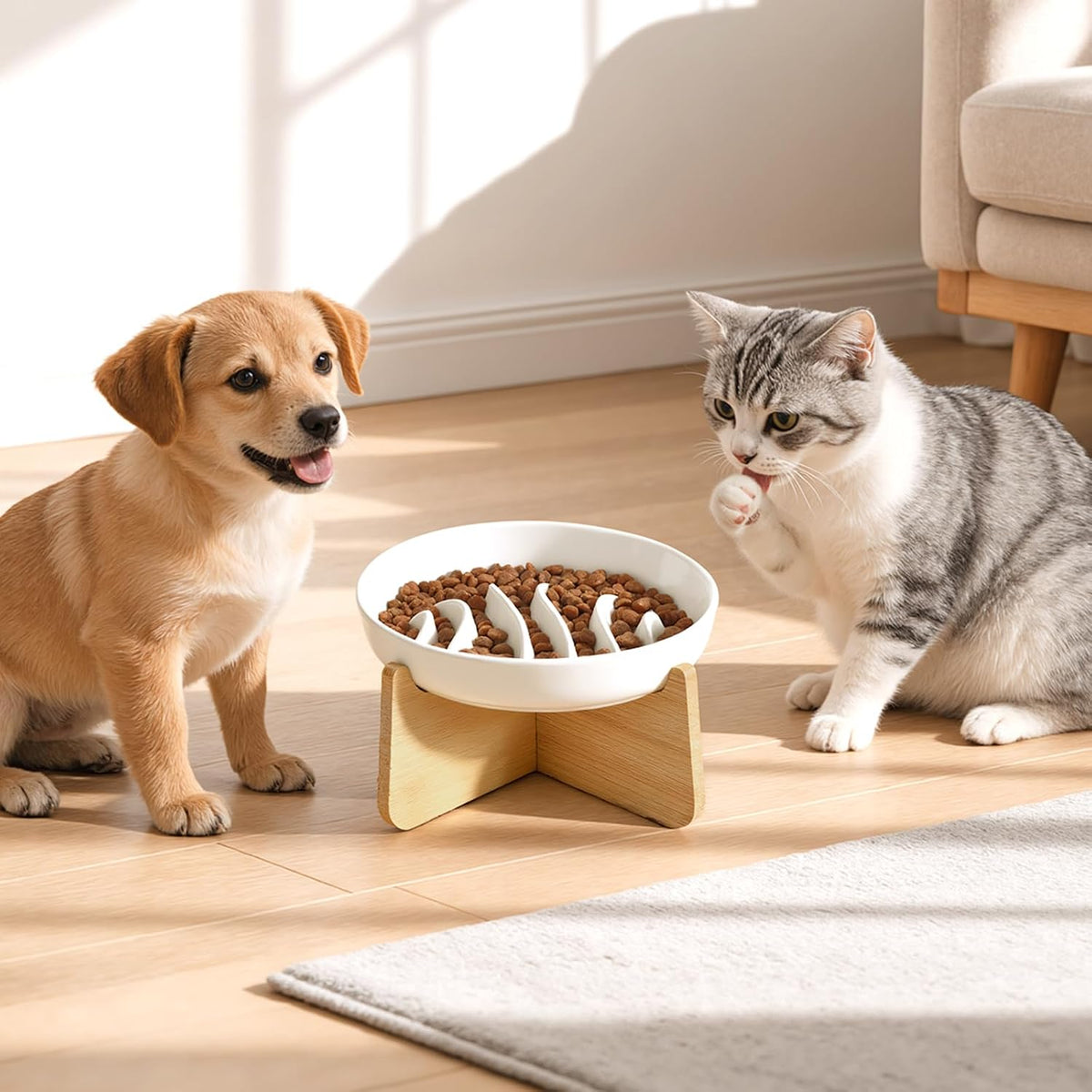 PETTOM Slow Feeder Cat Bowl Elevated Ceramic with Bamboo Stand, Fishbone