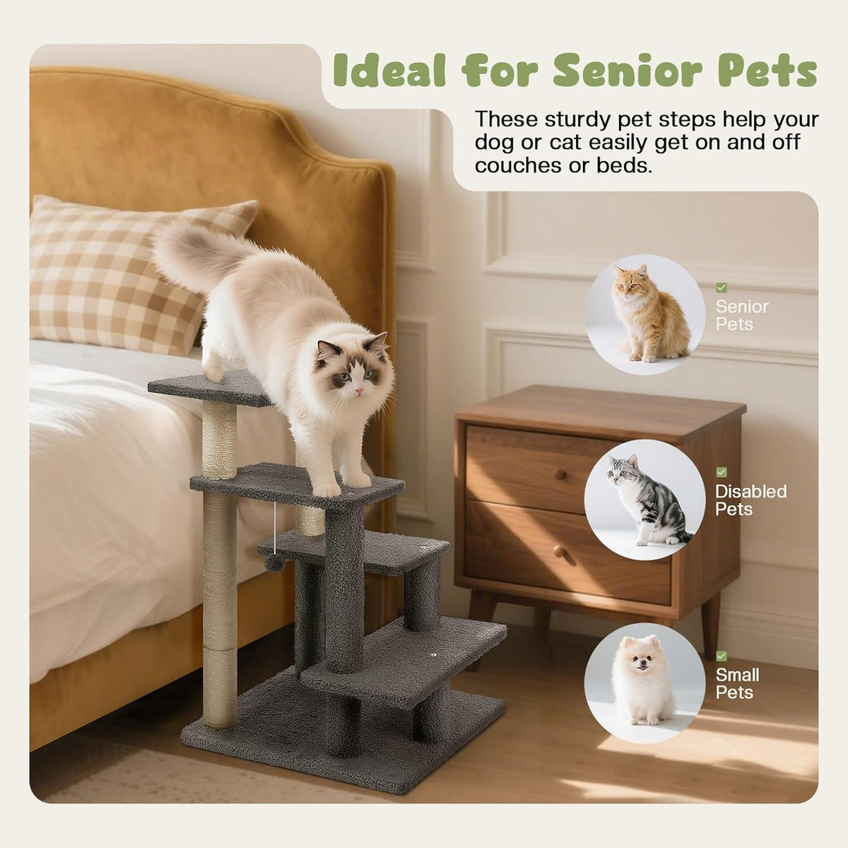 4-Step Pet Steps for Cats/Dogs, Cat Stairs with Sisal Scratching Post, Cat Steps for Older Cats with Enlarge Perch, Pet Stairs for High Bed and Couch, Gray