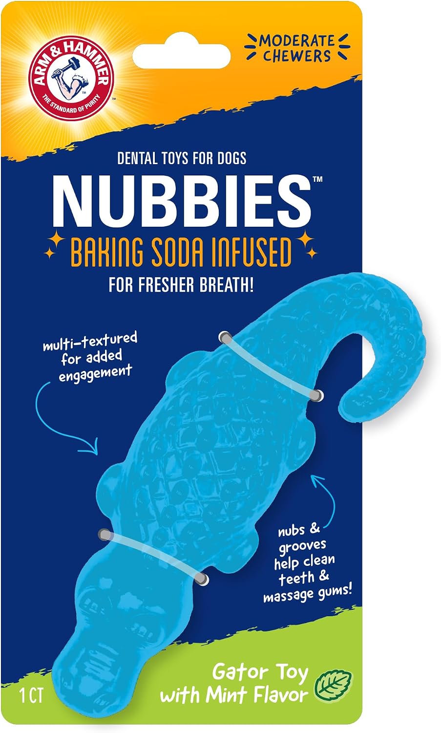 Arm & Hammer Nubbies Gator Dog Dental Chew Toy, Mint Flavor | Baking soda infused, scrubbing grooves reduce plaque and tartar, no stuffing, for moderate chewers daily