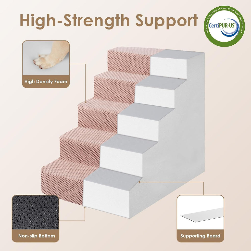 EHEYCIGA Dog Stairs for Bed 22.5" H, 5-Step Extra Wide Dog Steps, Pink