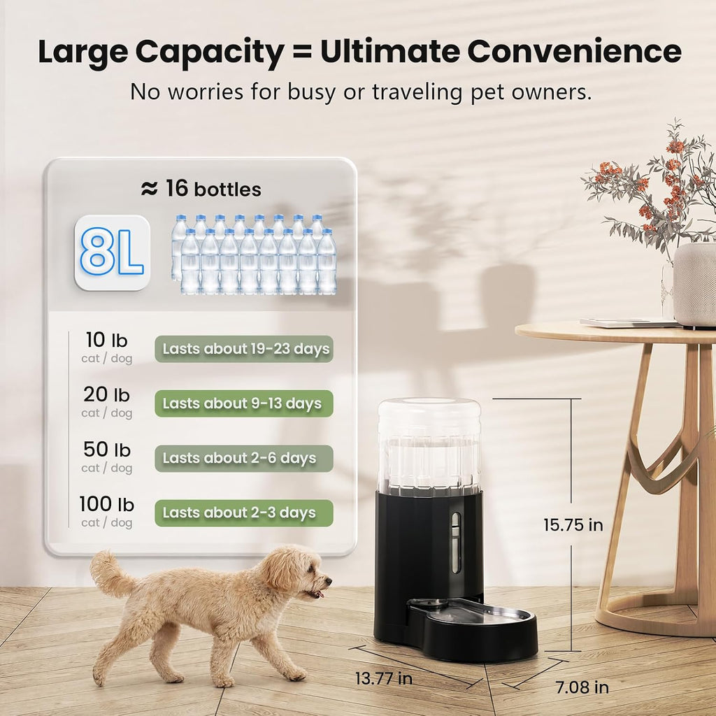 CZPET Gravity Dog Water Bowl Dispenser, Wider Mouth (8L, Black)