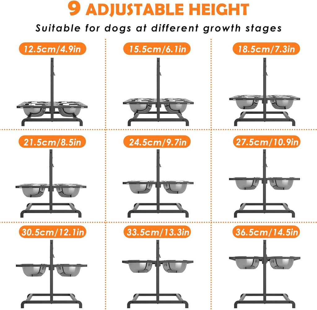 ADENGL Elevated Dog Bowl Stand with 4 Stainless Steel Bowls (1700ml/58oz) – 9 Height Adjustable Raised Pet Feeder from 4.9" to 14.5" for Large Dogs & Multi-Pet Homes, with Bone Name Tag