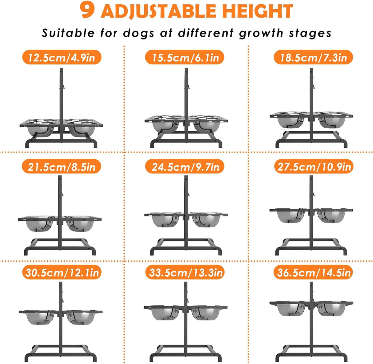 ADENGL Elevated Dog Bowl Stand with 4 Stainless Steel Bowls (1700ml/58oz) – 9 Height Adjustable Raised Pet Feeder from 4.9" to 14.5" for Large Dogs & Multi-Pet Homes, with Bone Name Tag