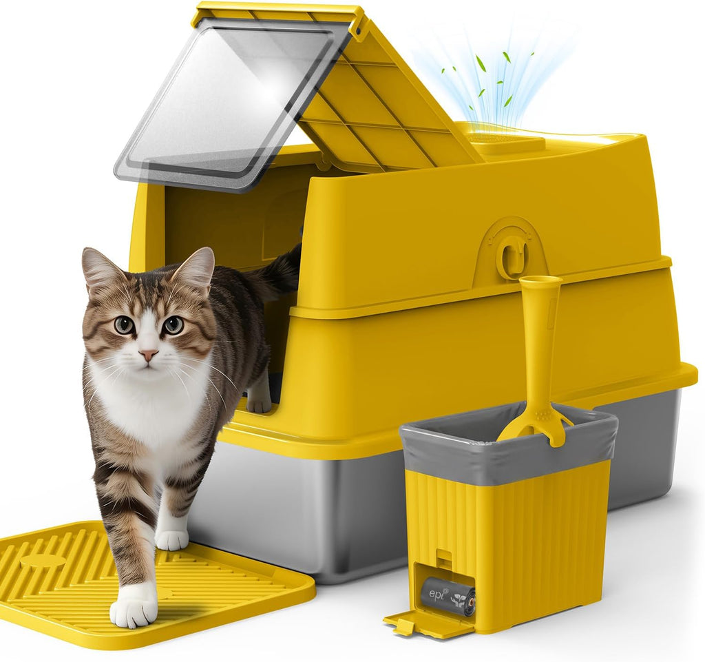 Stainless Steel Litter Box | Enclosed Cat Litter Box with Lid for Big Cats | High Sided Metal Litter Boxes | 100% Anti-Urine Leakage | Non-Stick with Litter Mat & Litter Scoop Set (Mustard Yellow)