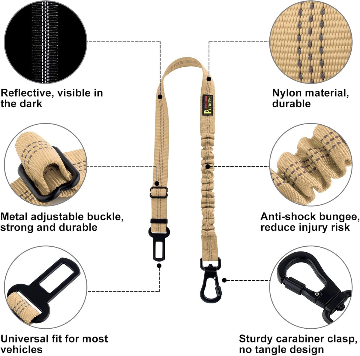 Plutus Pet Dog Seat Belt for Car, Adjustable Harness with Elastic Bungee