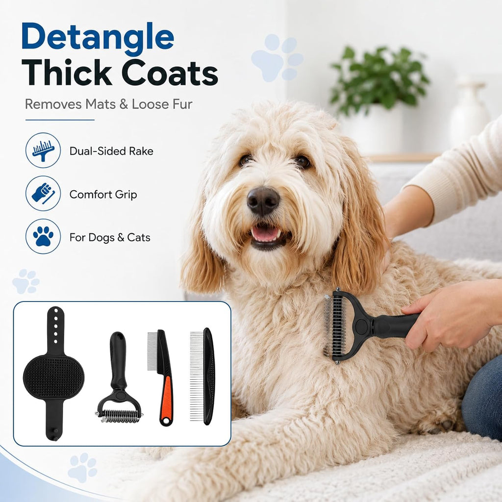 Double-Sided Pet Grooming Rake Set of 4, with Metal Comb Flea Comb Bath Brush for Long & Short Haired Pets to Effectively Remove Tangles, Knots and Mats