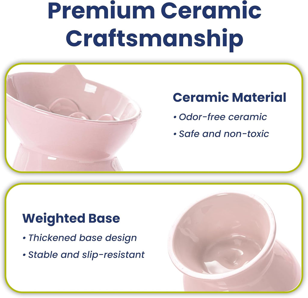 PawsPik Lynx Ceramic Raised Slow Dog & Cat Elevated Food Bowl, Quartz Pink