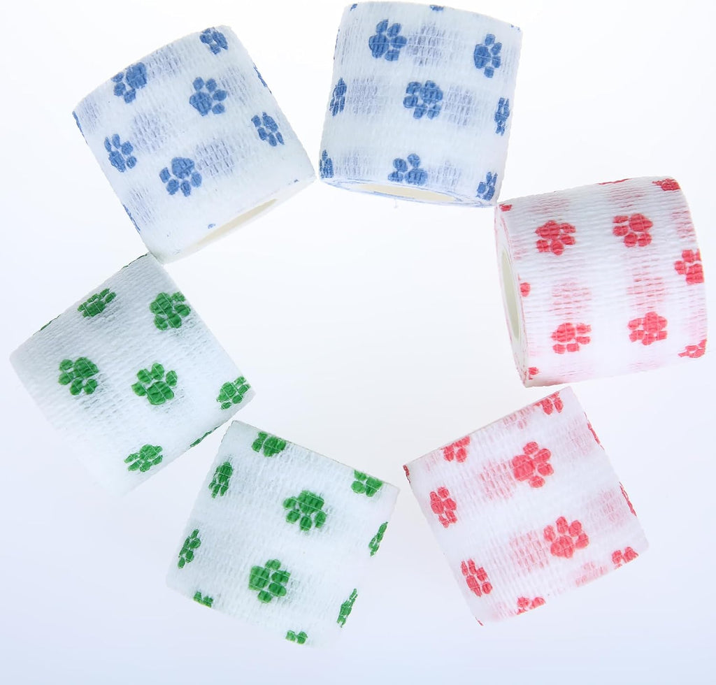 Self Adhesive Bandage Wrap Animal Cohesive Bandage Self Adherent Wrap First Aid Tape for Dogs Cats Horses Birds & Wrist Healing Ankle Sprain (2 Inch White Paw 6 Rolls)