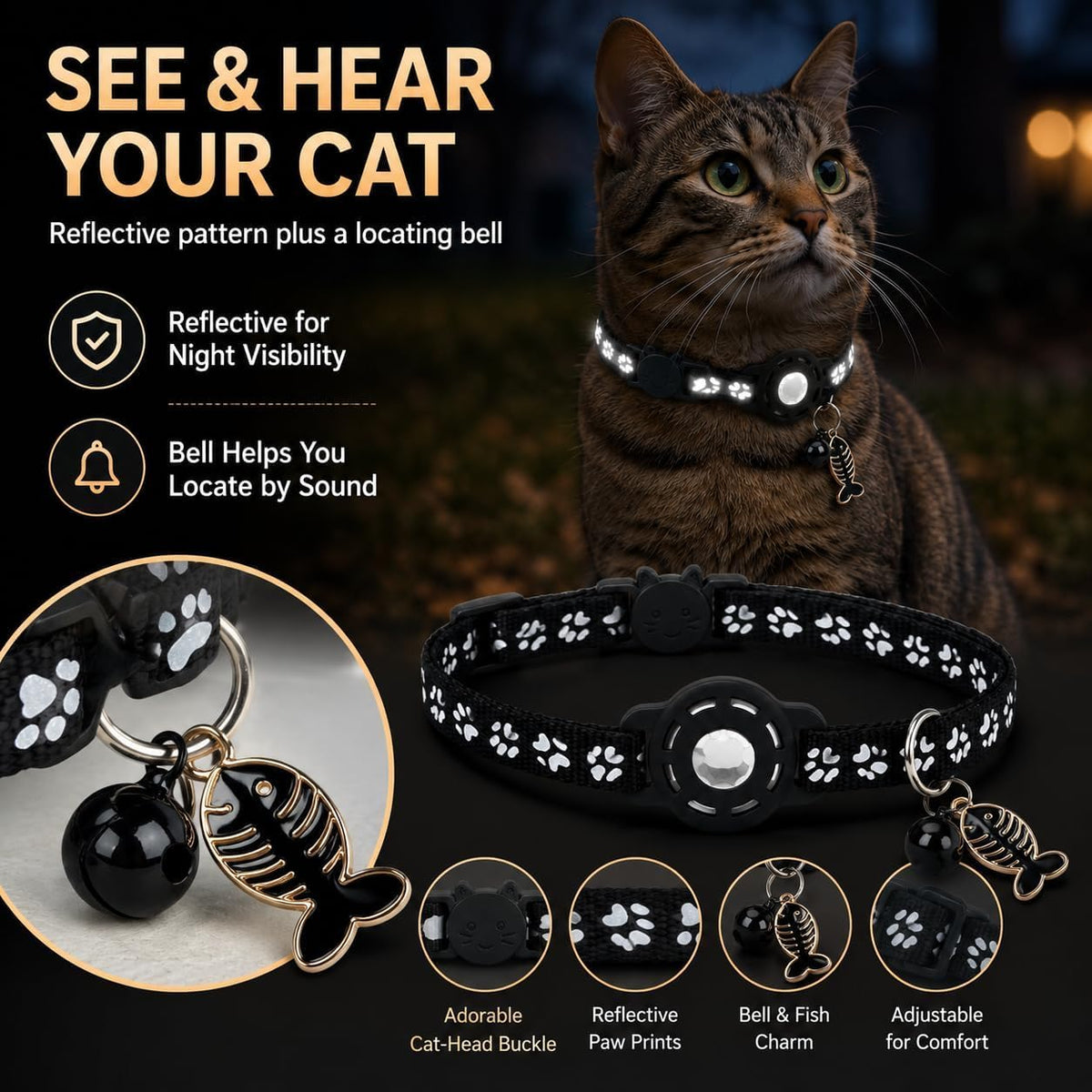 Cat Collar Breakaway 2packs, Reflective Kitten Collar with Apple Air Tag Holder and Bell for Girl Boy Cats, 0.4 Inches in Width and Lightweight (Black)