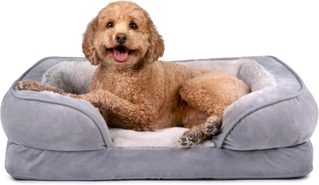 Furhaven Cooling Gel Dog Bed for Medium/Small Dogs w/ Removable Bolsters & Washable Cover, For Dogs Up to 35 lbs - Plush & Velvet Waves Perfect Comfort Sofa - Granite Gray, Medium