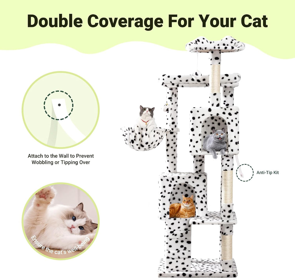 Allewie 64 Inches Cat Tree Tower/Multi-Level Activity Center for Indoor Big Felines/2 Plush Condos/2 Perchs/Basket/House/Sisal Scratching Posts/Hanging Cat Toys/White & Black Spot