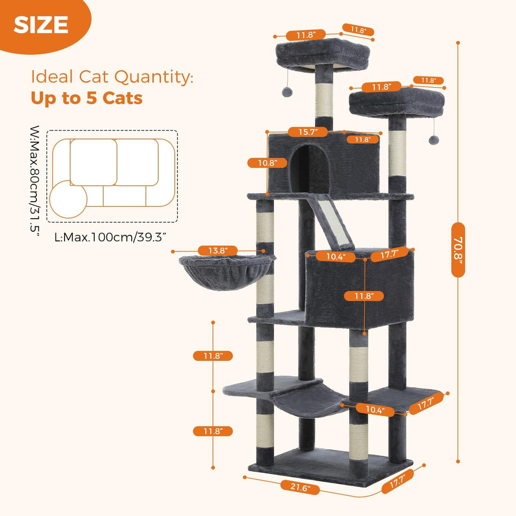 MUTTROS 70.8" Tall Cat Tree for Large Cats, Multi-Level Cat Tower with 8 Sisal Scratching Posts, 2 Top Perches, Big Condo, Large Hammock, and Cat Furniture for Indoor Cats, Dark Gray