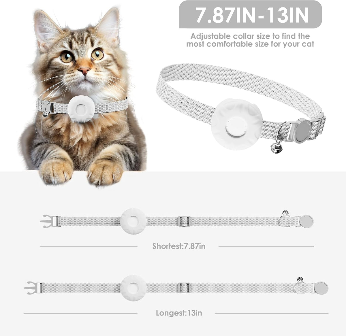 Cat Tracker, No Monthly Fee, GPS Tracker, Compatible with Apple Find My App(Only iOS), Waterproof Cat Trackers Collar with Bell and Safety Elastic Buckle, Real-Time Location, Pet Trackers, White