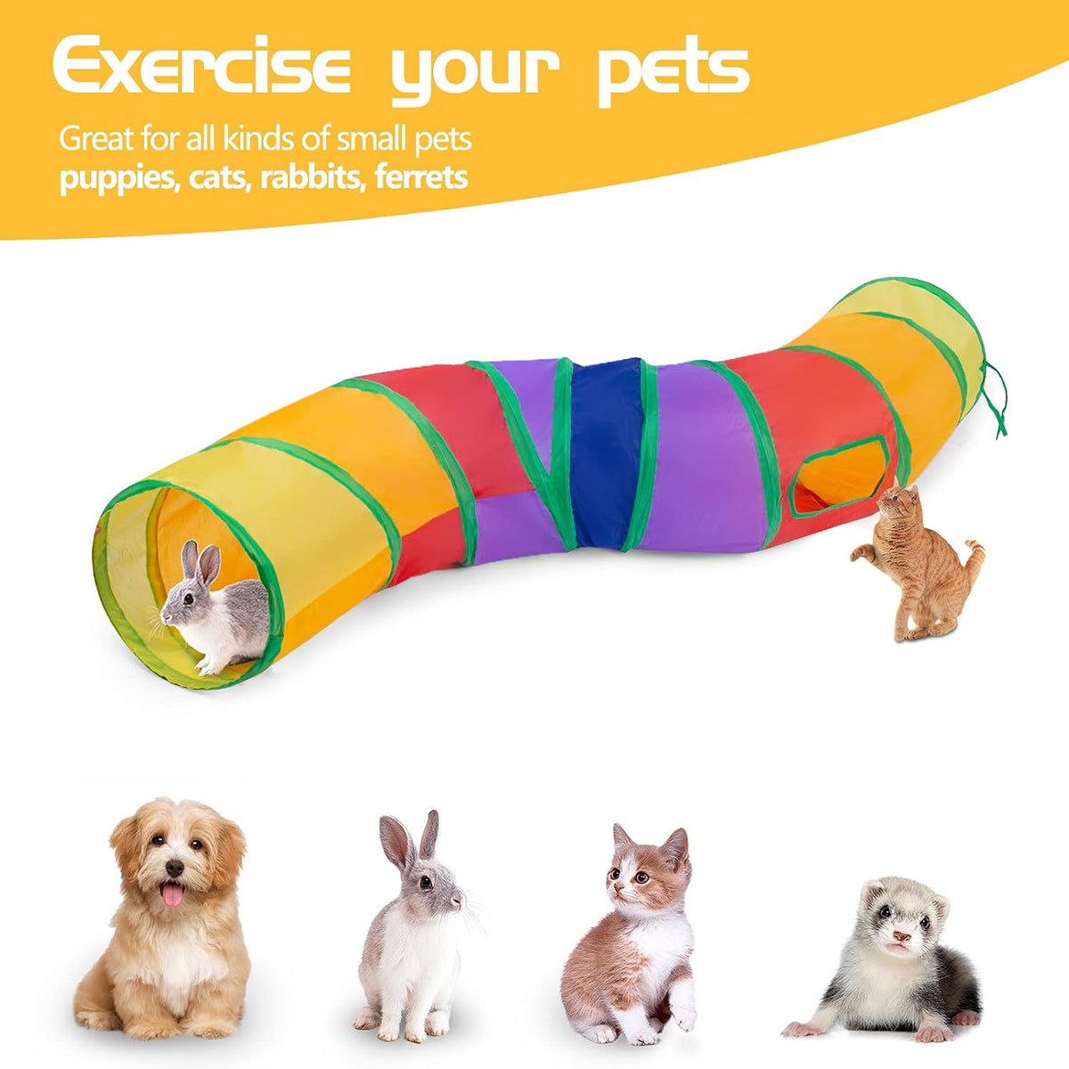 Sheldamy Cat Tunnel, S-2-Way Cat Tunnels for Indoor Cats, Collapsible Cat Play Tunnel, Interactive Toy Maze Cat House with 1 Play Ball for Cats, Puppy, Kitty, Kitten, Rabbit (Multicolor)