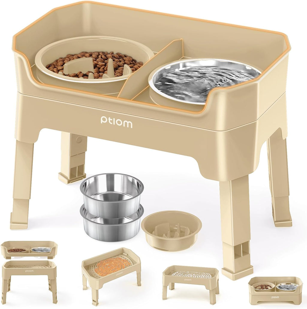 4-in-1 Elevated Slow Feeder Dog Bowls, 4 Height Adjustable Mess Proof Raised Dog Bowl Stand with Licking Plate, 2 Stainless Steel Dog Food Bowl & Slow Feeder for Large Dogs Pets, Beige