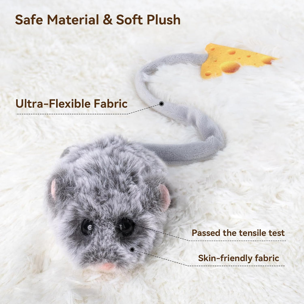 Migipaws Interactive MigiMouse Cat Toy 360° Rolling & Spin with Wiggling Tail for Indoor Cats Smart Motion Sensor, Realistic Squeak, Rechargeable Plush Kitten Toy(Grey Long)