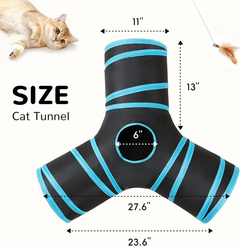 Tempcore Cat Tunnel, 3-Way Collapsible Toy for Indoor Cats, Black & Blue | 3-Way Cat Tunnel with Peek Holes, Hanging Ball and Teaser Wand, Collapsible Design for Play, Hiding, Chasing and Exercise
