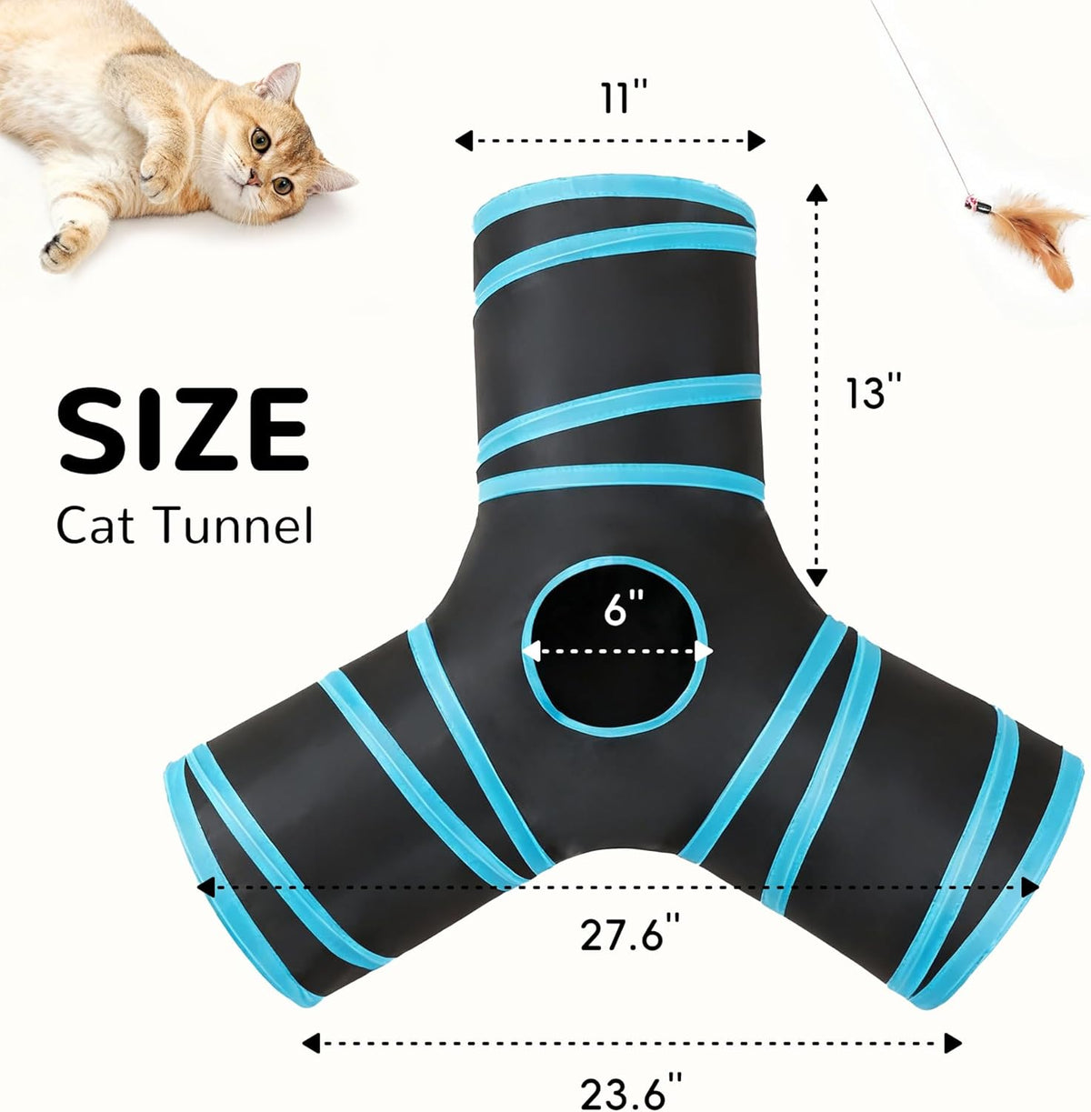 Tempcore Cat Tunnel, 3-Way Collapsible Toy for Indoor Cats, Black & Blue | 3-Way Cat Tunnel with Peek Holes, Hanging Ball and Teaser Wand, Collapsible Design for Play, Hiding, Chasing and Exercise