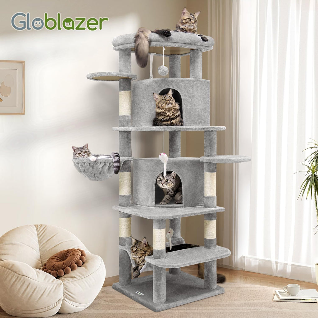 Globlazer 66in Corner Cat Tree Tower for Indoor Large Cat, C66, Light Grey