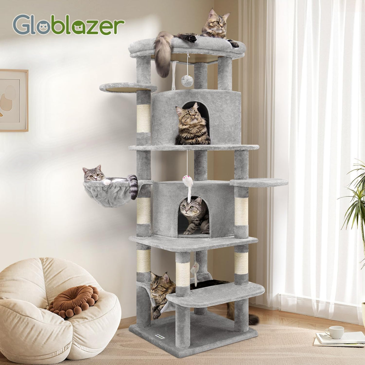 Globlazer 66in Corner Cat Tree Tower for Indoor Large Cat, C66, Light Grey
