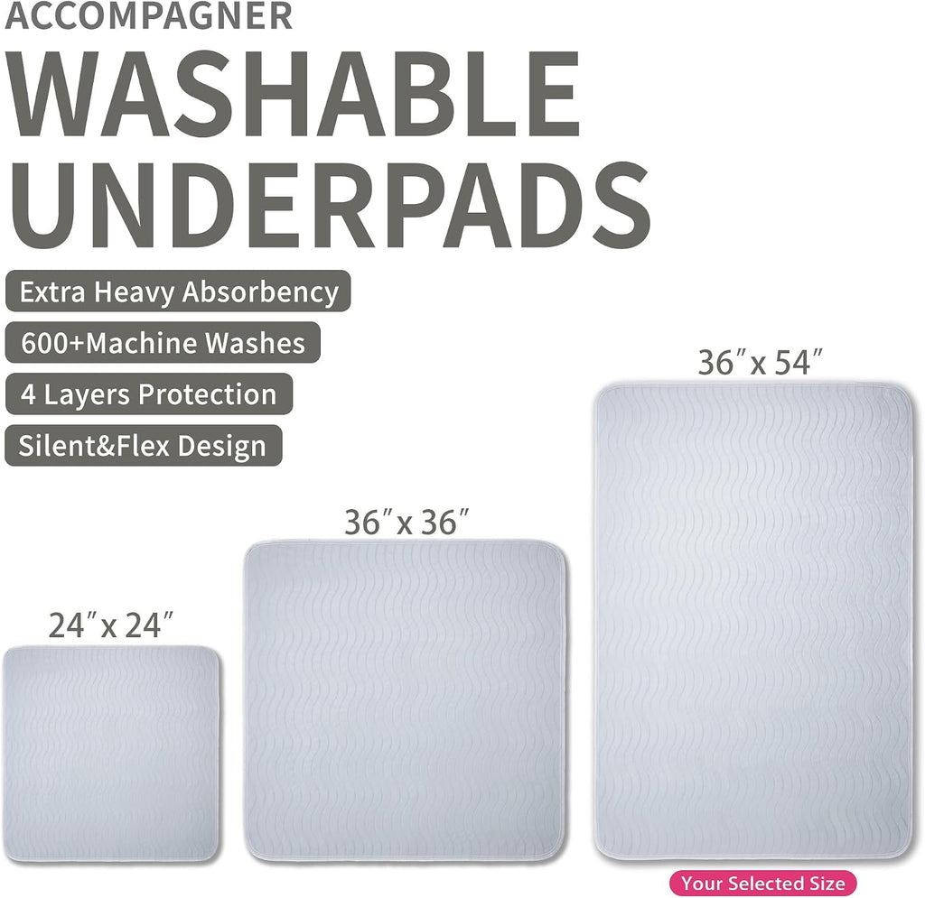 Accompagner Incontinence Bed Pads Washable Waterproof Underpads 36"x54" 2pc | 4-Layer Heavy-Absorbency Reusable Pee Pads for Adults, Kids, Elderly, Dogs, Bedridden, Bedwetting, Nursing, Sofa (Pearl Gray)