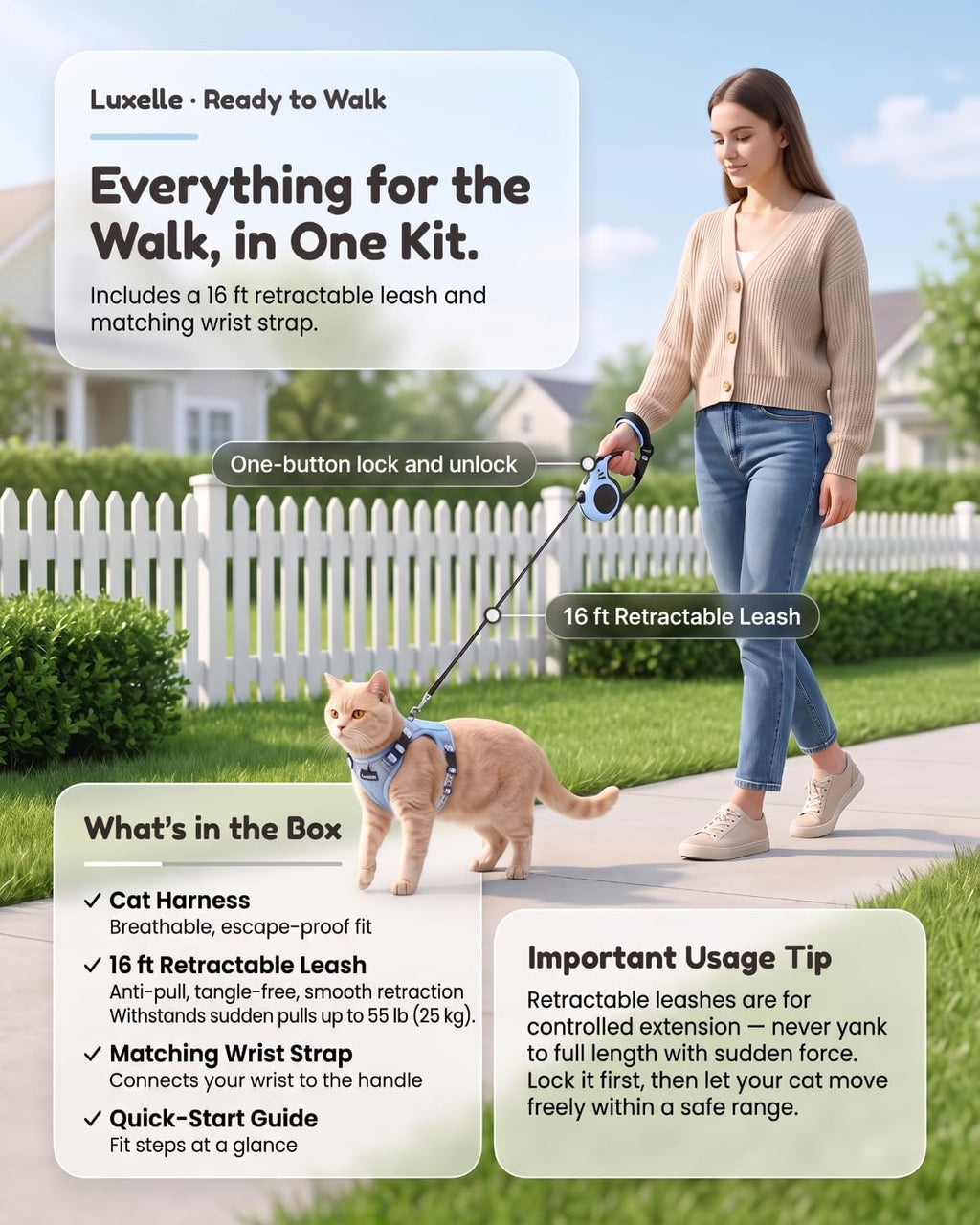 Luxelle Escape Proof Cat Harness with Retractable Leash & Wrist Strap Set