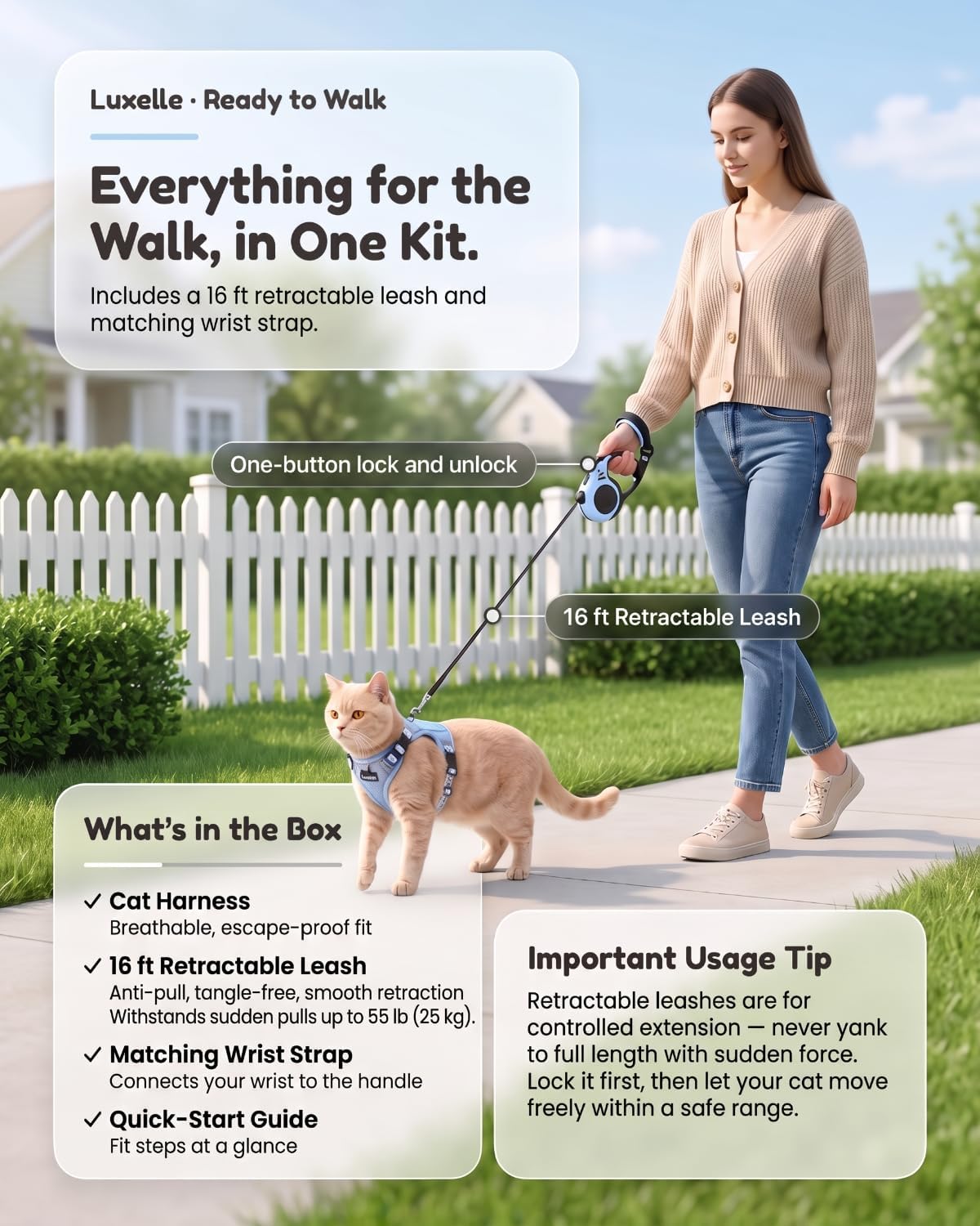 Luxelle Escape Proof Cat Harness with Retractable Leash & Wrist Strap Set
