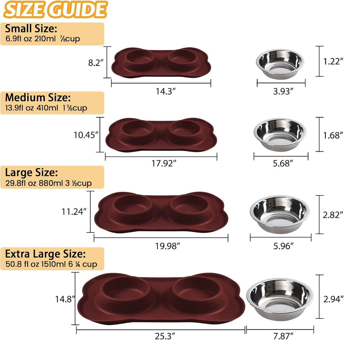 Hubulk Pet Dog Bowls 2 Stainless Steel Dog Bowl with No Spill Non-Skid Silicone Mat + Pet Food Scoop Water and Food Feeder Bowls for Feeding Small Medium Large Dogs Cats Puppies (X- Large, Burgundy) 