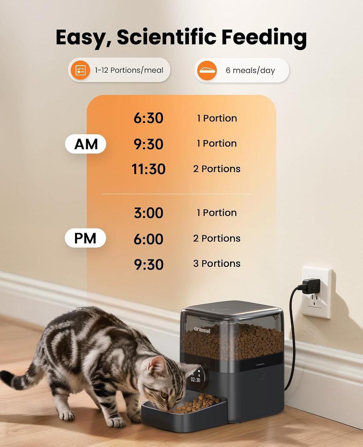 oneisall Automatic Cat Feeder for Large Kibble and Snacks, 12 Cups/3L Timed Pet Feeder for Cats Indoor, Programmable Dry Food Dispenser (Black)