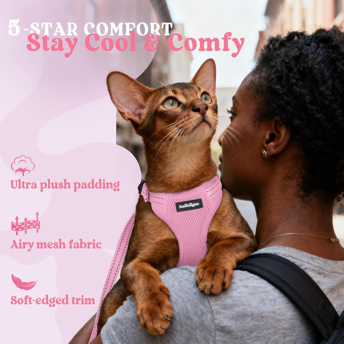 rabbitgoo Cat Harness and Leash, Easy-on with Neck Buckle, Pink
