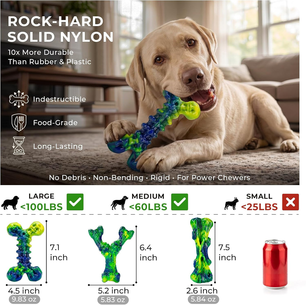 Kseroo Dog Chew Toys, 3-Pack, Peanut Butter, Medium & Large Dogs, Green | Indestructible, Heavy Duty, Rock-Hard Solid Nylon Bones for Medium/Large Dogs 25-100lbs, Tough, Long-Lasting, Keep Them Busy