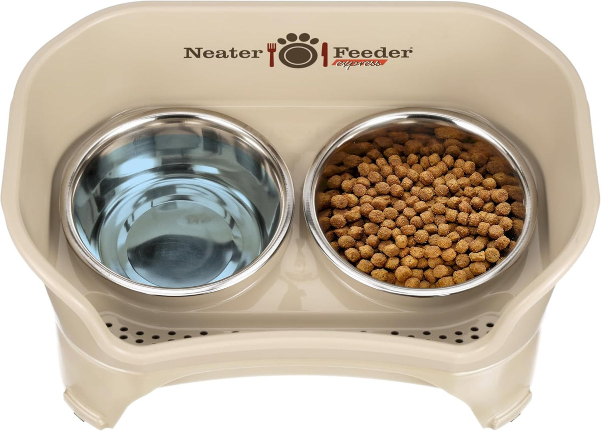 Neater Feeder Express Mess Proof Dog Bowls Elevated for Medium to Large Sized Breed, No Spill Raised Dog Food Bowl Stand, Stainless Steel Food and Water Bowl Set, Pet Dish Feeding Station, Almond 