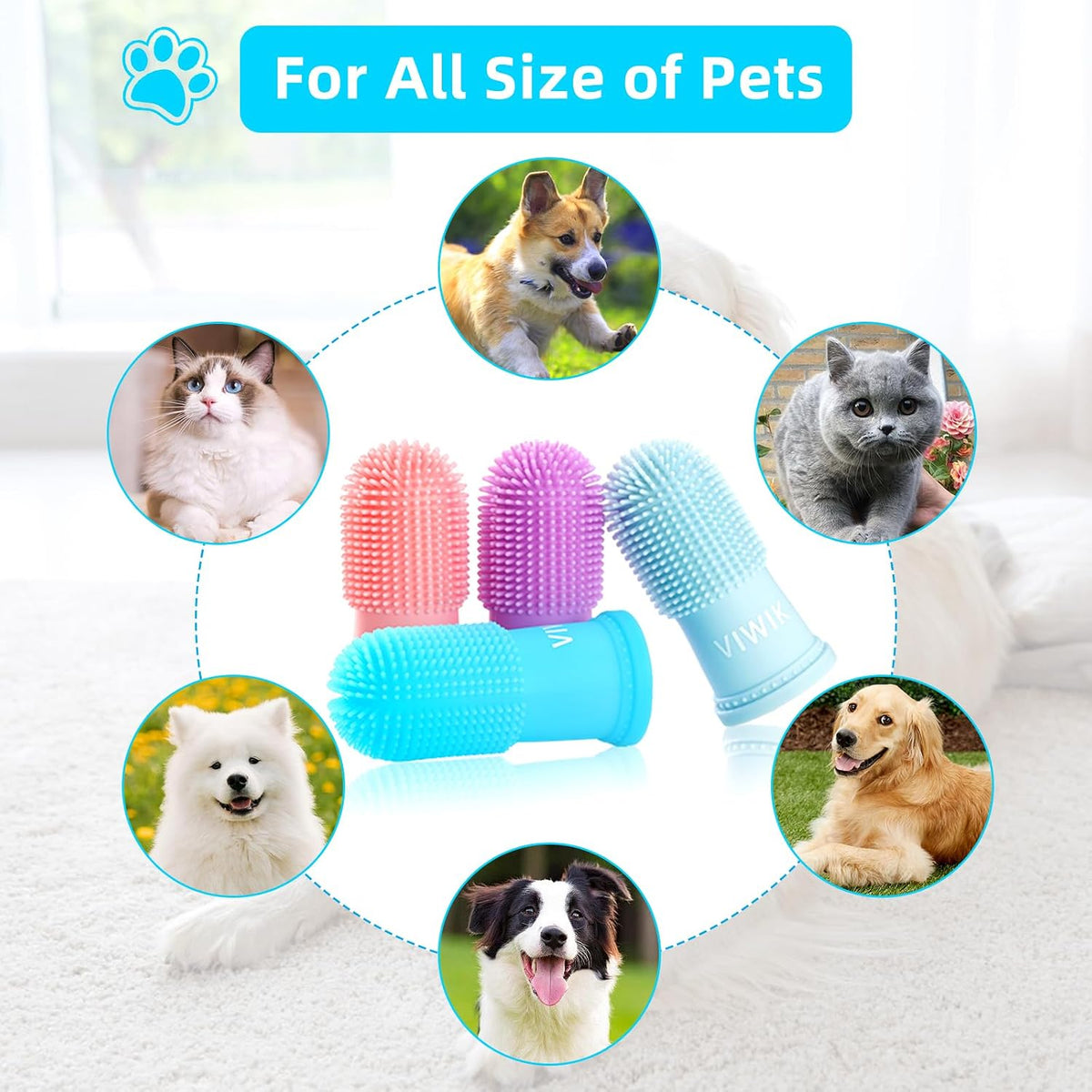 VIWIK 8Pack Pet Tooth Brushing Kit - Medium to Large Dog & Cat Toothbrush, Finger Toothbrush for Puppy Teeth Cleaning & Dental Care