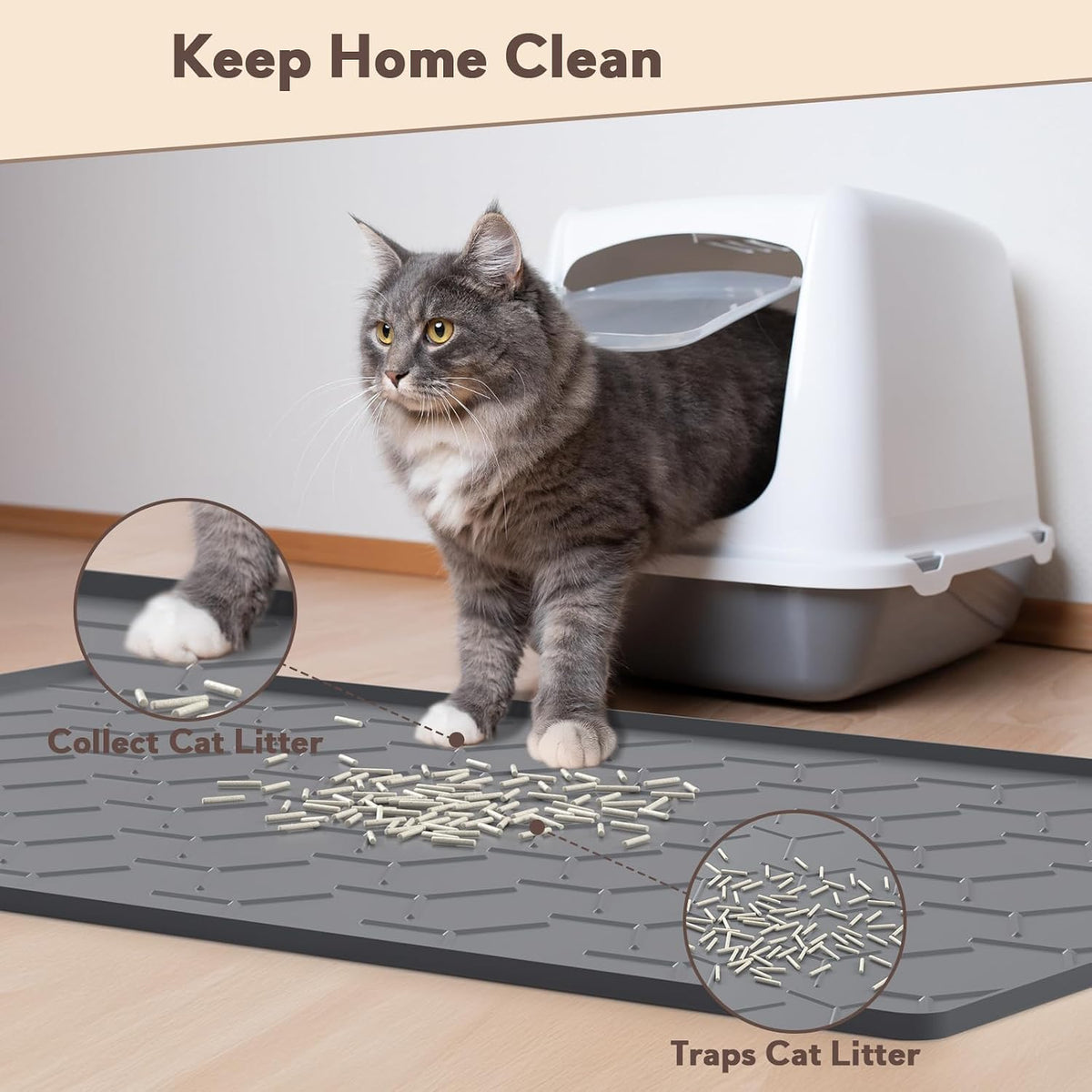 Garoopion Silicone Cat Litter Mat 34×22 inch, Easy to Clean, Dark Gray | Waterproof Silicone Mat with Raised Edges, Catch Litter, Protect Floor from Urine, Multi-Use for Dog/Sink/Kitchen/Boots