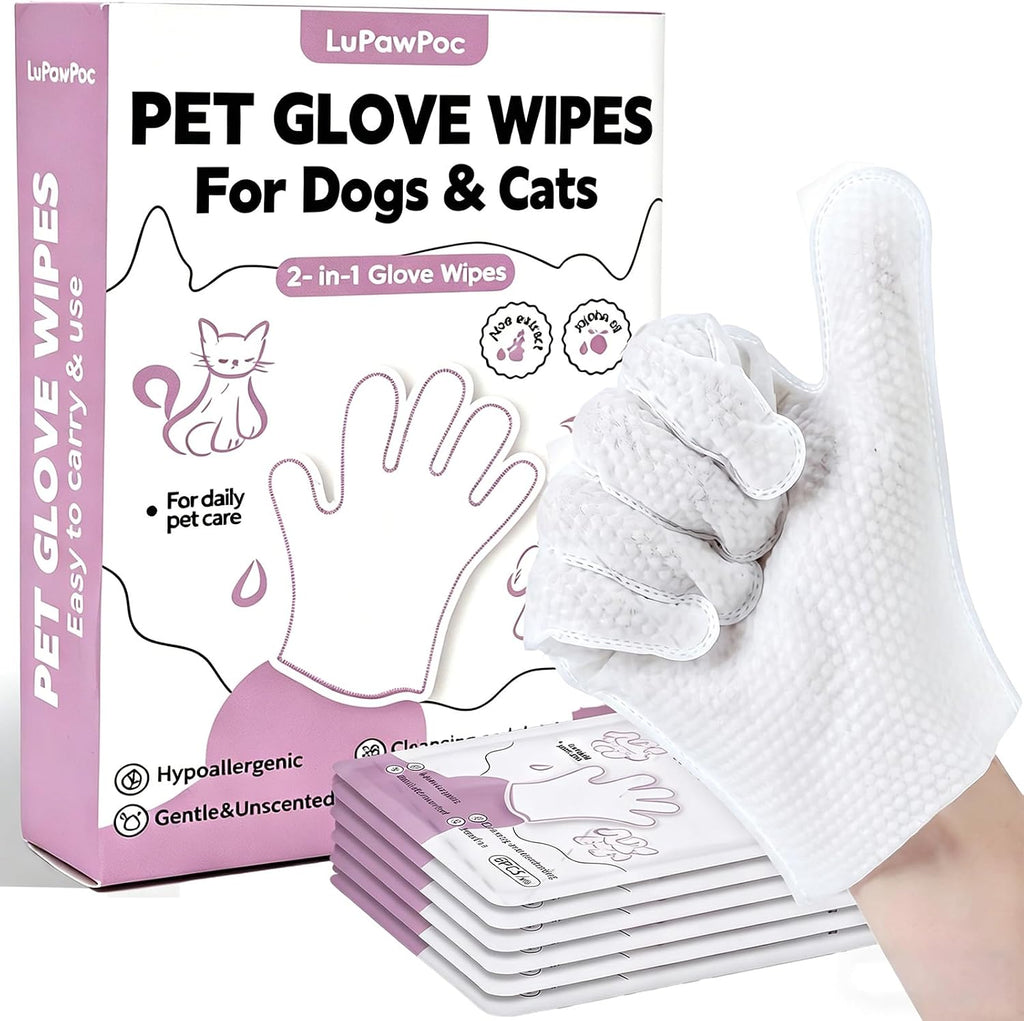 Pet Glove Wipes for Dogs & Cats, 2-in-1 Disposable Dog Cleaning Gloves for Bathing, No-Rinse Grooming Wipes for Paw, Face, Ear & Body, Aloe & Jojoba Oil, 6 Count