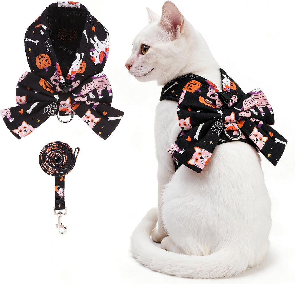 KOOLTAIL Halloween Dog Harness and Leash Set for Small Medium Sized Dogs Cats, Cute Puppy Vest Harnesses with Bowtie, Step in No Pull Soft Mesh Padded Adjustable Pet Harness Boys Girls, Pumpkin M