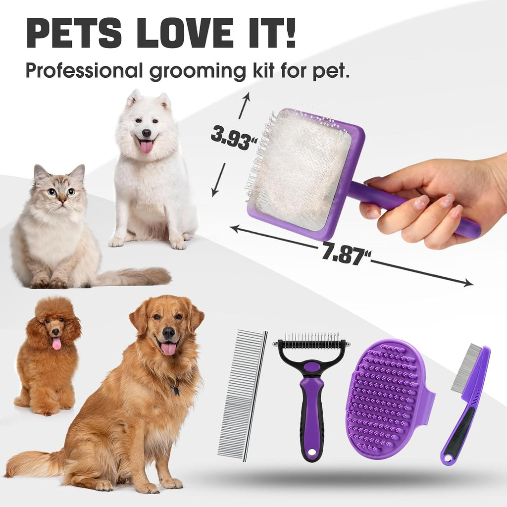 Bonteck Dog Slicker Brush for Dogs Grooming Kit 5PCS Long Haired Doodles | Goldendoodles Poodles, Skin Friendly Deshedding, Comb and Rake, Removes Undercoat, Professional Detangling, Large, Purple