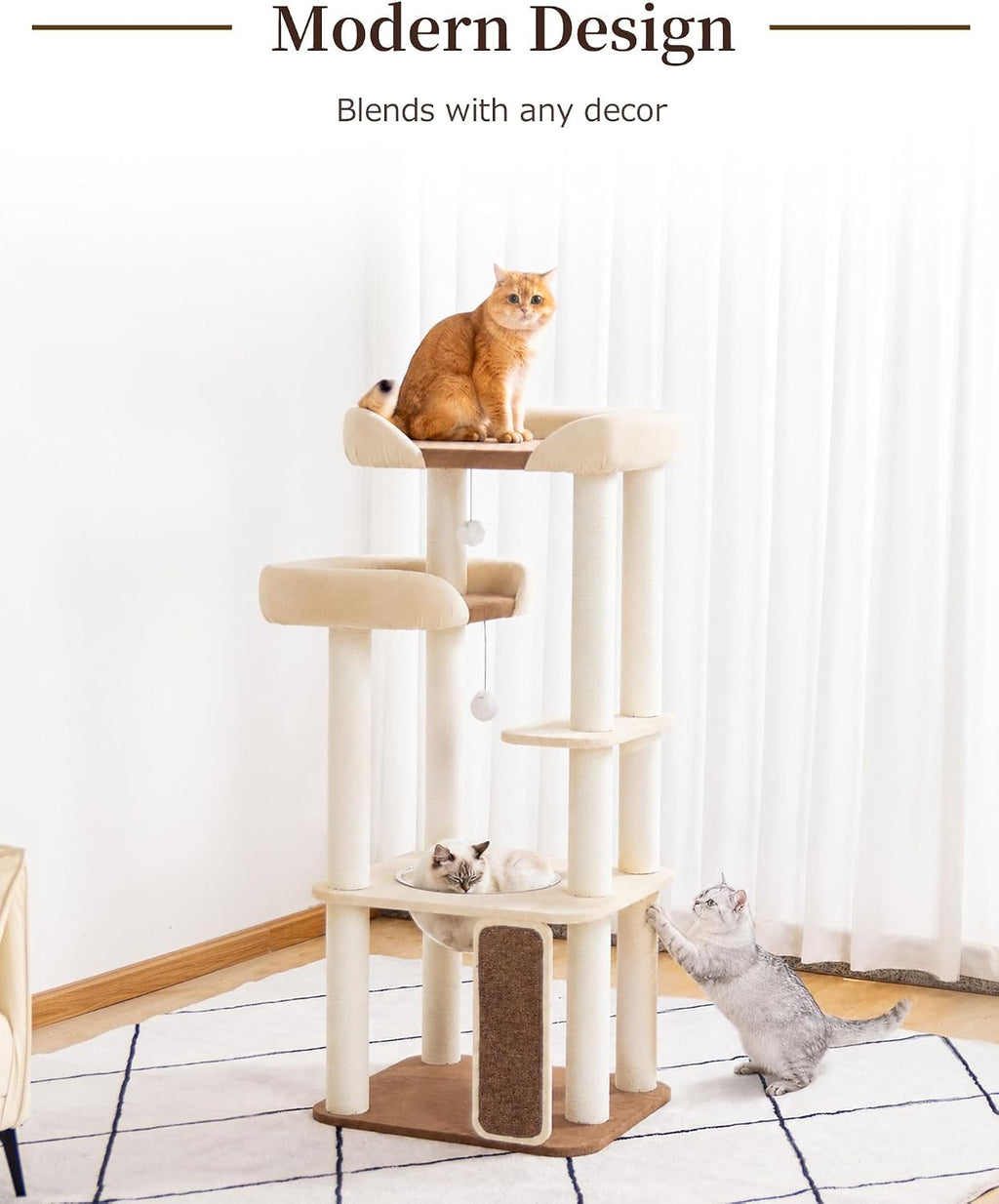 53" Cat Tree Tower for Large Cats, Large Perch & Sisal Board