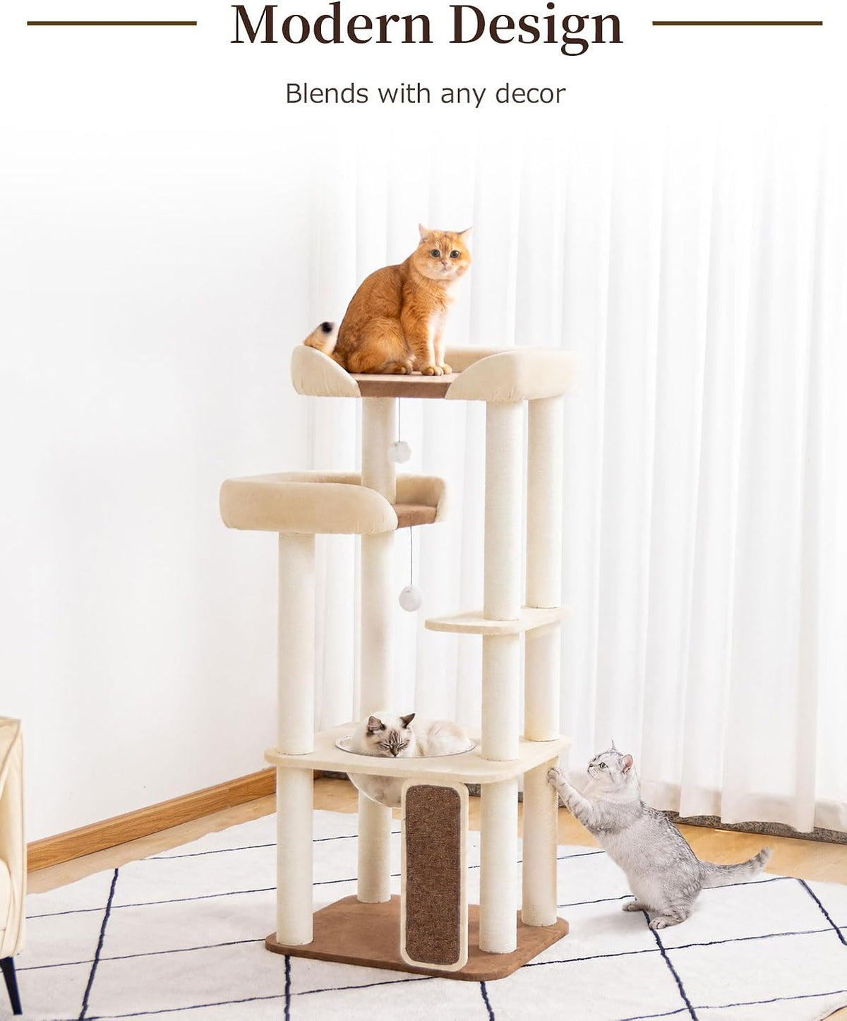 53" Cat Tree Tower for Large Cats, Large Perch & Sisal Board