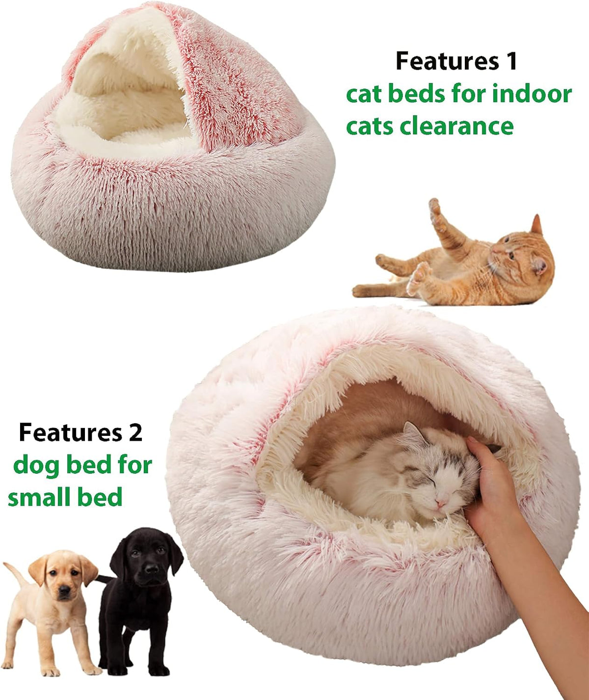 ShinHye Cozy Cat Bed - Round Plush Fluffy Hooded Cave, Indoor/Outdoor, Waterproof & Washable, Calming Anti-Anxiety Design - 23x23inch, Pink