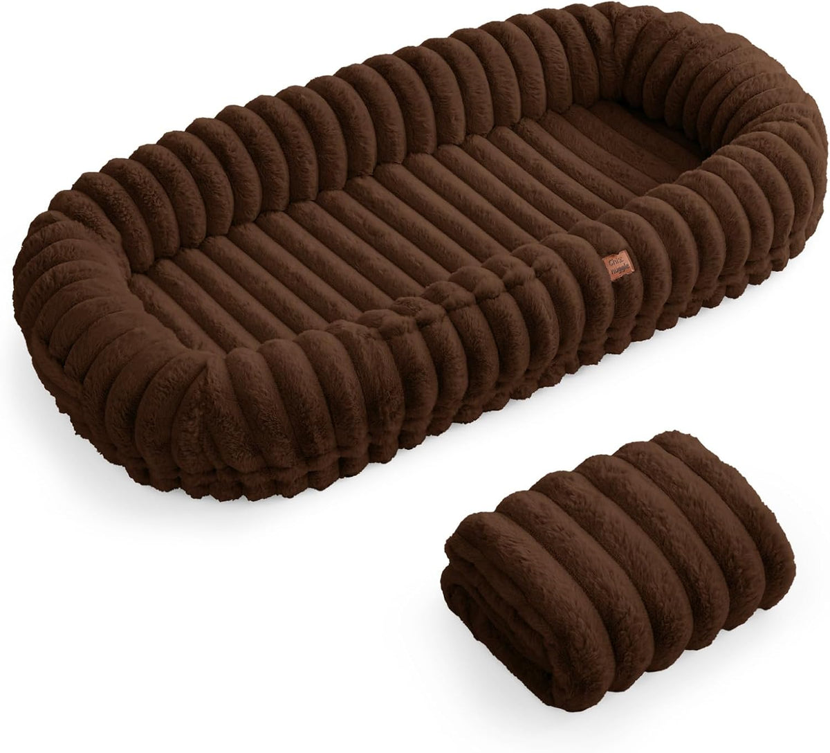 ChiXnuggle Orthopedic Human Dog Bed,Striped Faux Fur Washable Cover,Blanket