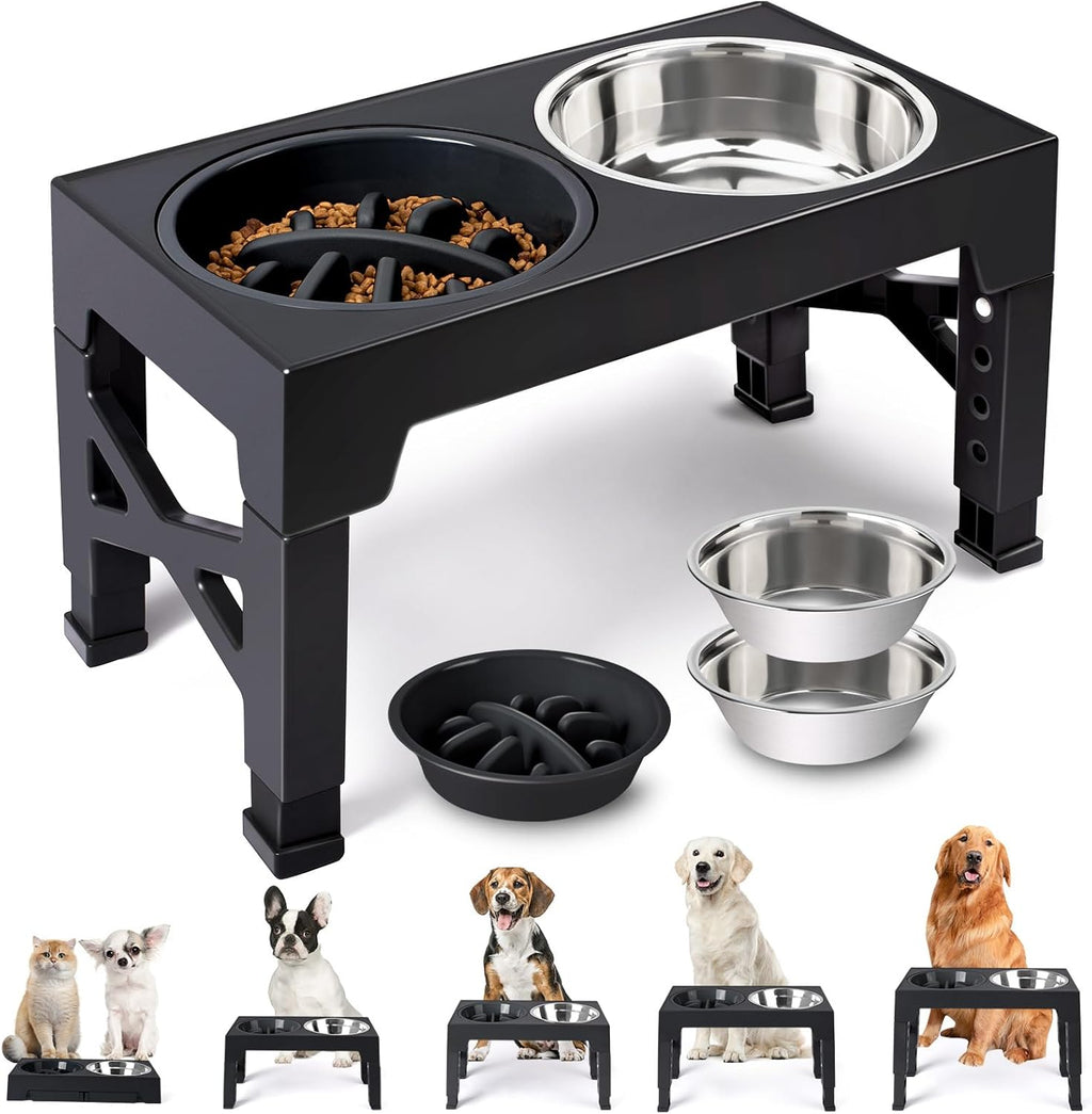 Elevated Dog Bowls with 5 Adjustable Heights Stand | Stainless Steel Bowls, Slow Feeder, 3.2" to 12.2" Hegiht Raised Dog Bowl for Small to Large Dogs