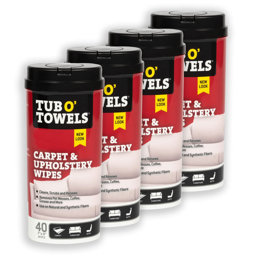 Tub O' Towels Carpet & Upholstery Cleaning Wipes 4 Pack – 7 x 8 Pre-Moistened Multi Surface Fabric Cleaning Wipes, 40 Count for Carpet, Rugs & Furniture