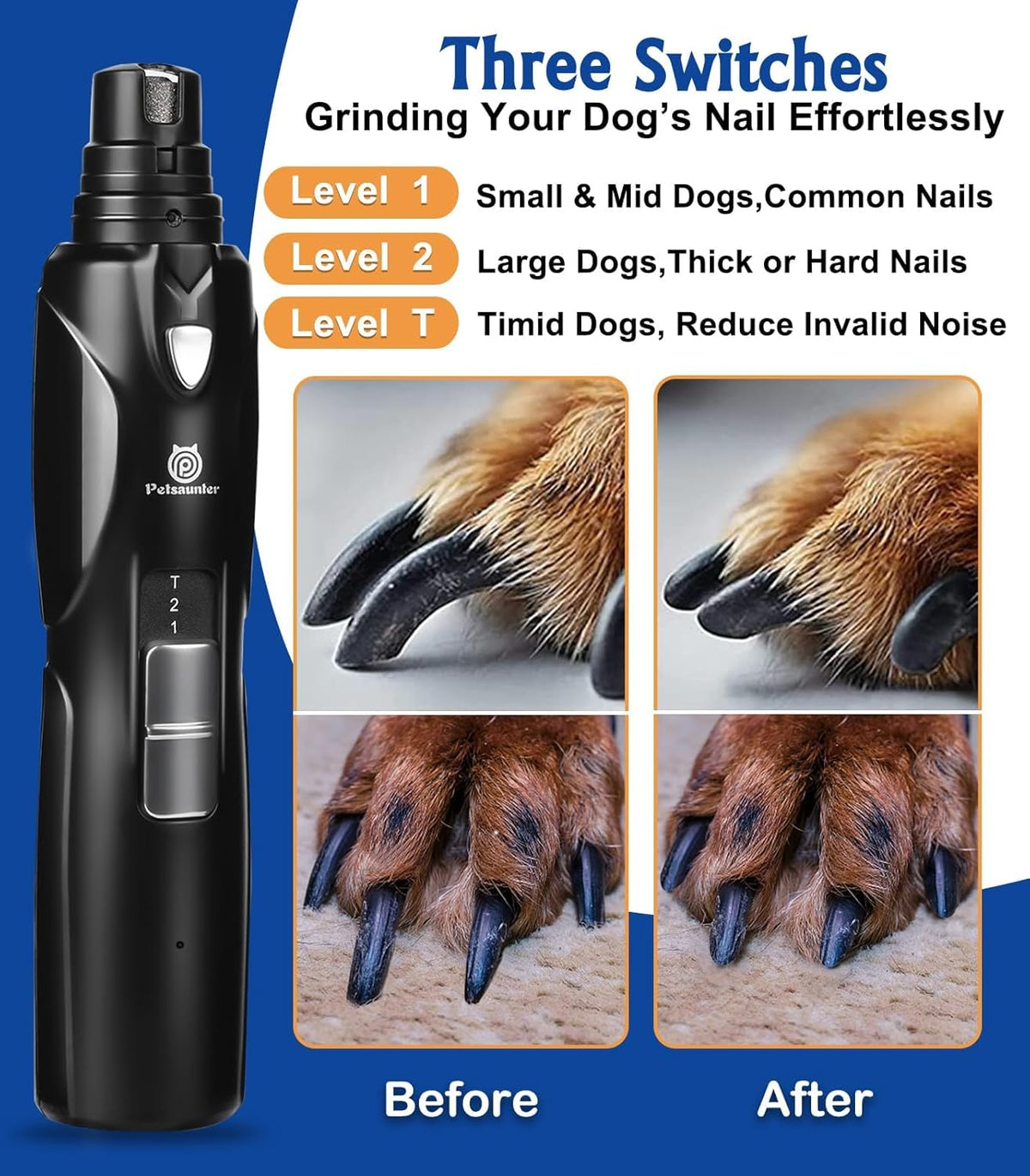 Petsaunter Dog Nail Grinder, 2-Speed and LED Light, Touch-Switch, TypeC, Quiet and Low-Vibration Dog Nail Trimmers, and 3 Ports for Large Dogs, Medium, Small Dogs Cats Pets with Hard or Thick Nail
