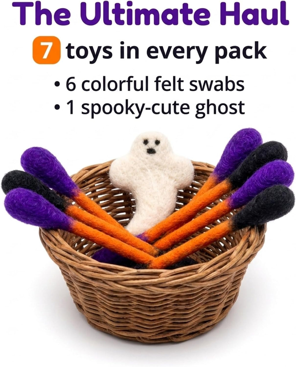 Glaciart One Halloween Cat Toys with Catnip – 7 Pack Felt Swab Cat Toys + Ghost Toy, Interactive Wool Cat Toys for Indoor Cats & Kittens, Handmade Natural Catnip Toys for Chase, Chew & Play