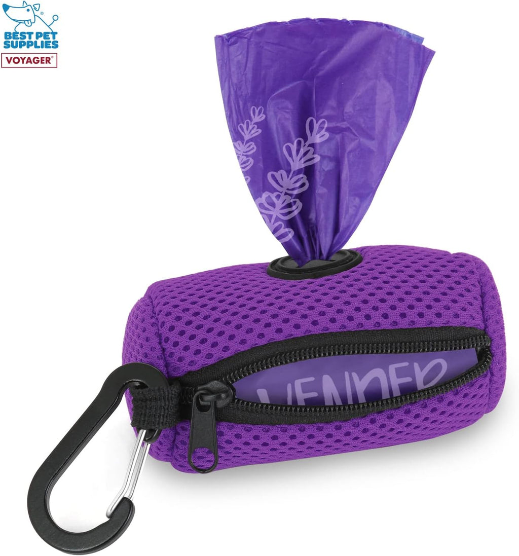 Best Pet Supplies Dog Poop Bag Holder Leash Attachment with Reusable Dispenser for Travel, Walking, Park, and Outdoor Use, Durable with Clip-On - Purple, Mesh Dispenser w/15 Bags