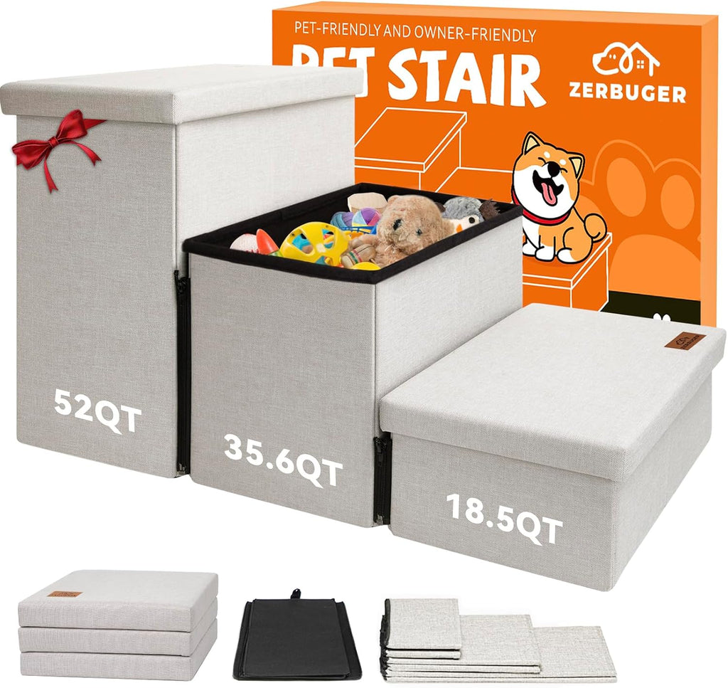 Zerbuger Dog Stairs with Storage, Beige 3 Steps Dog Ramp no Condo for Bed